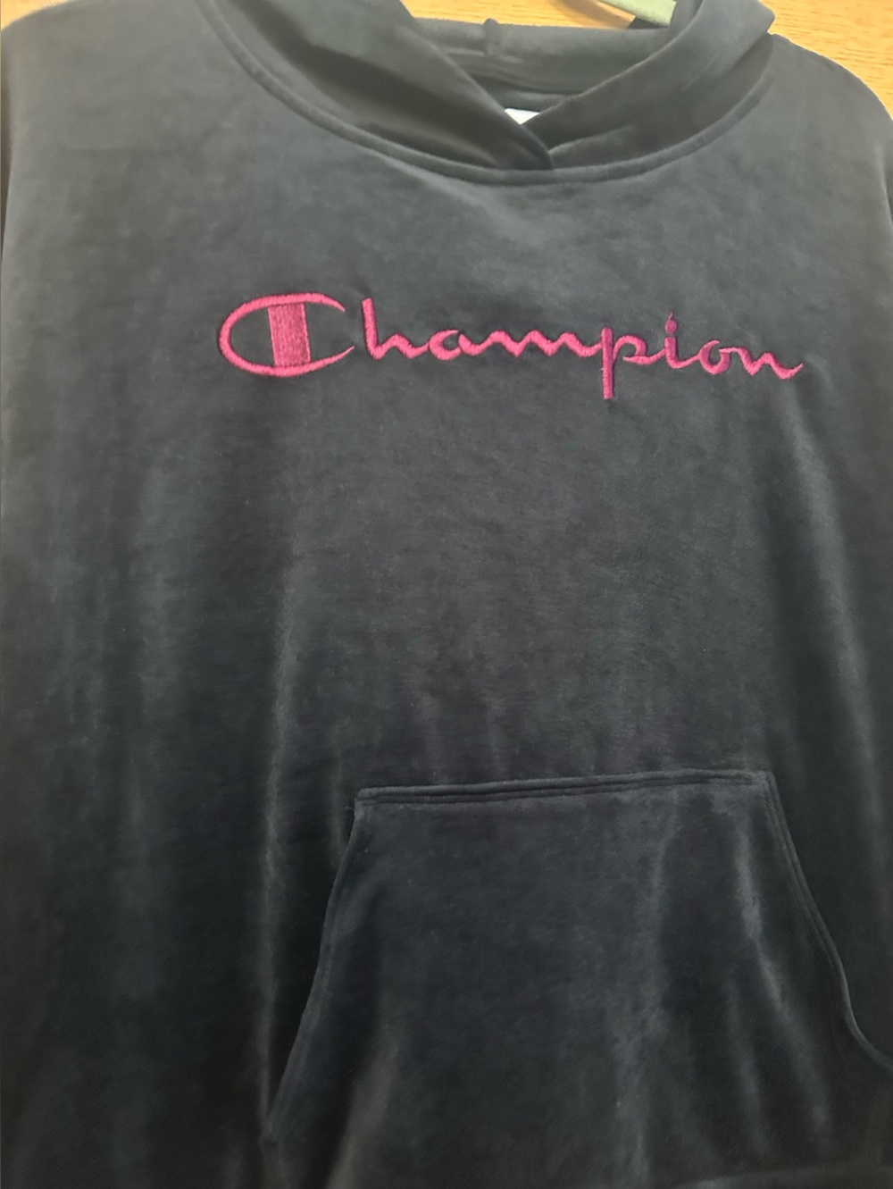 Champion Women's Black Velour Hoodie with Pink Logo